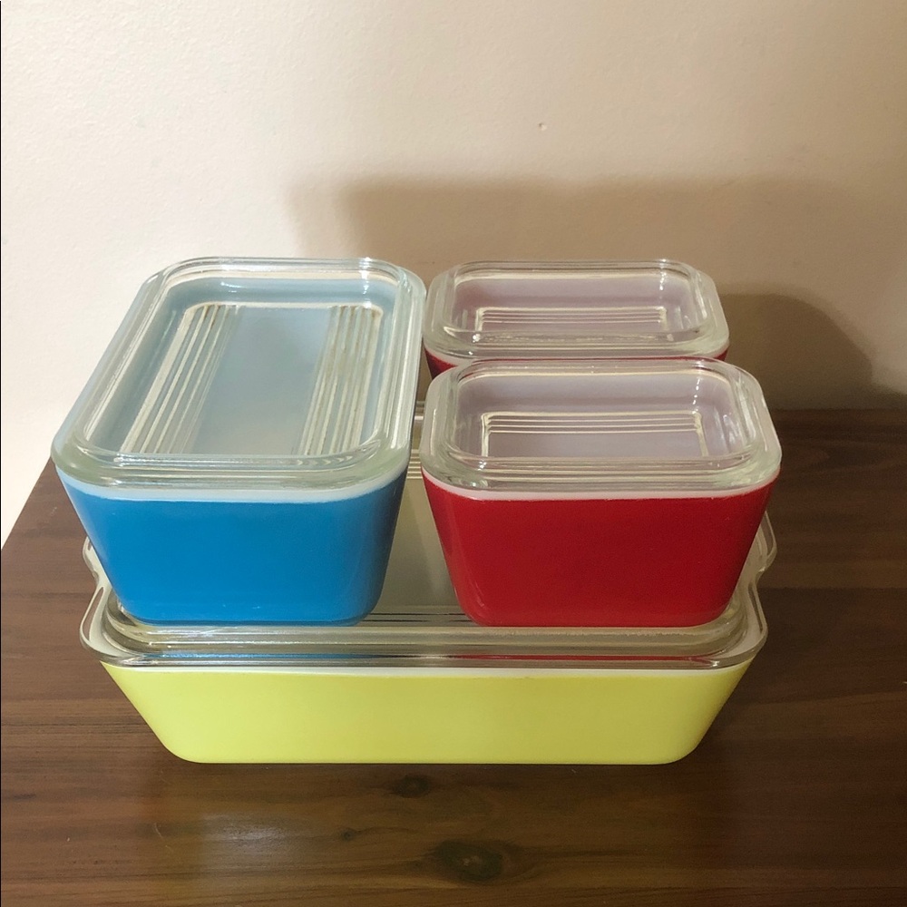 Vintage PYREX Primary Color Refrigerator Storage Set in Blue, Red & Yellow